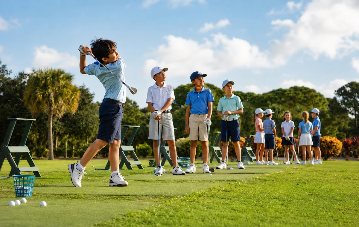 Junior golfers gathering for coed practice on the Golf Club of Jupiter driving range