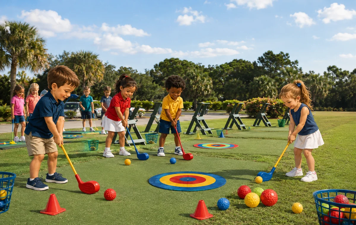 Coed young golfers learning with colorful JRGL Adventures equipment at the Golf Club of Jupiter driving range